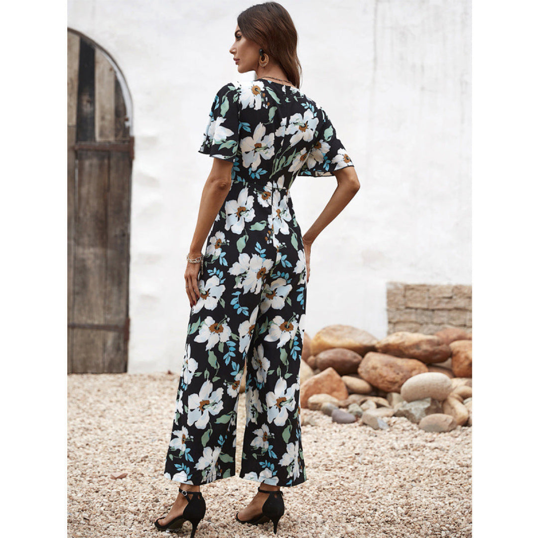 Deep V Flare Sleeve Knot Front Floral Jumpsuit