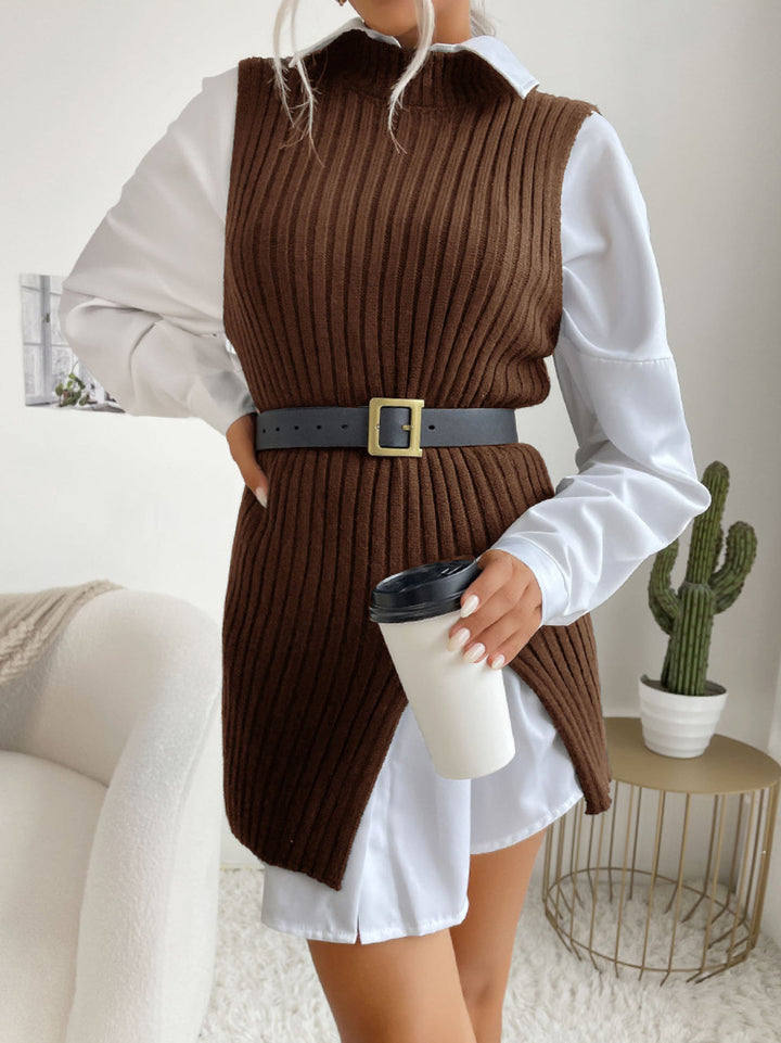 Solid Sleeveless Mockneck Side-Slit Knit Vest Dress without Belt