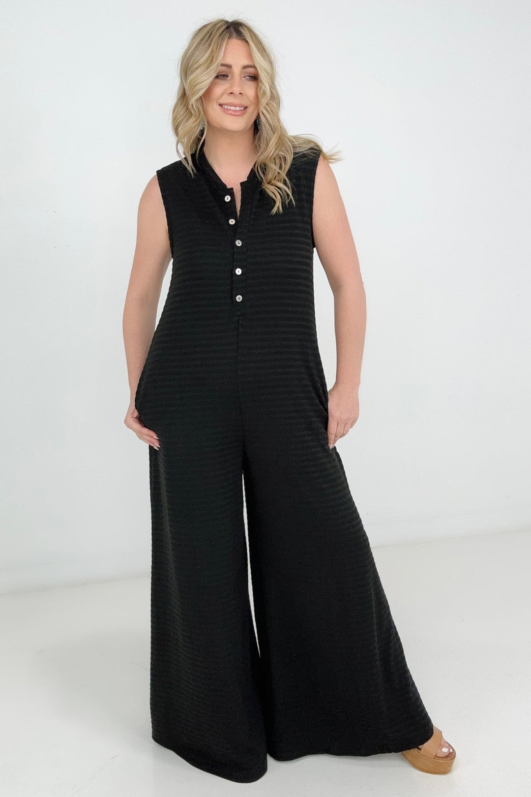 Jade By Jane Button Up Textured Wide Leg Jumpsuit
