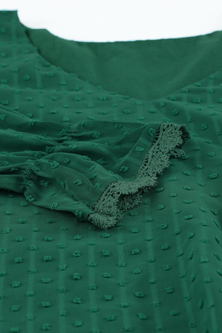 V Neck Puff Sleeve Swiss Dot Blouse