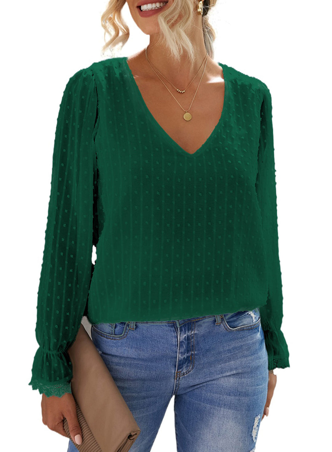 V Neck Puff Sleeve Swiss Dot Blouse