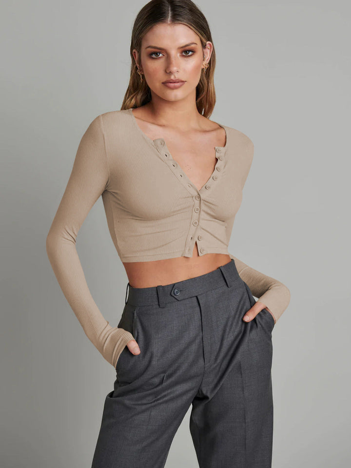 Single-Breasted V-Neck Solid Crop Top