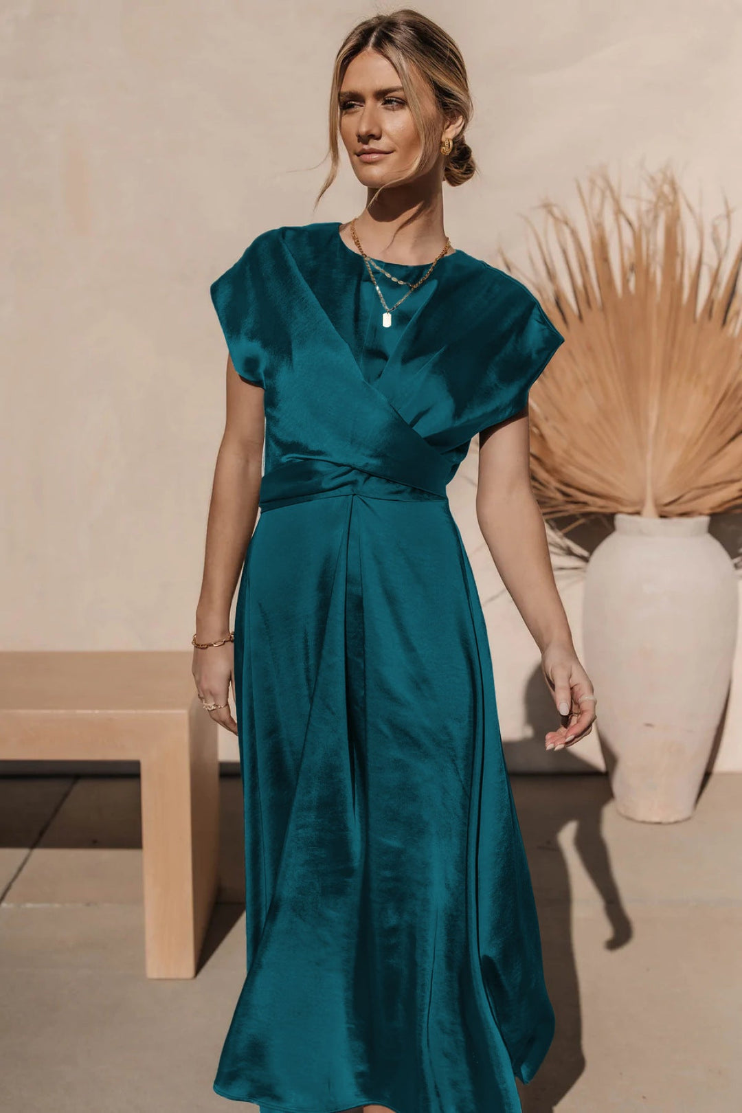 Solid Round Neck Tie Back Midi Dress