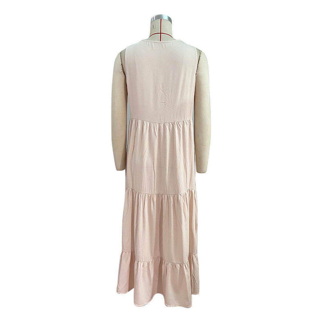 Solid Notched Buttoned Tiered Maxi Dress