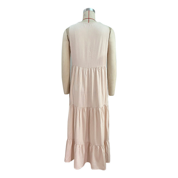 Solid Notched Buttoned Tiered Maxi Dress