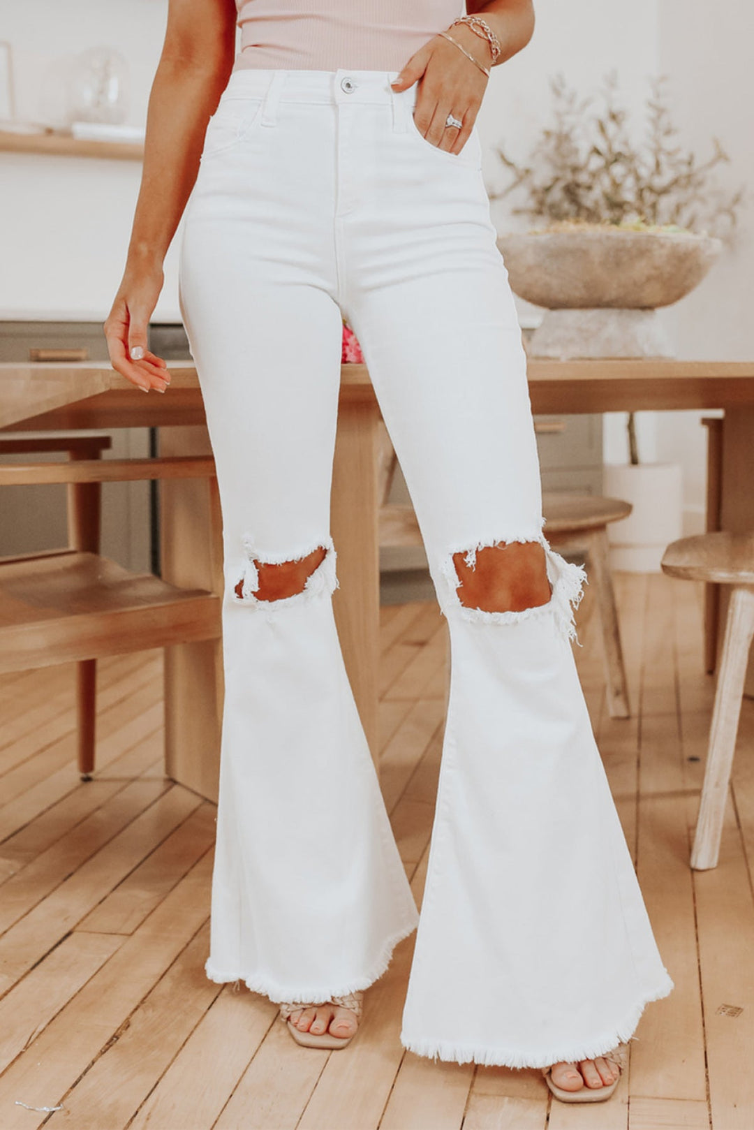 White Ripped Knee Frayed Flare Jeans