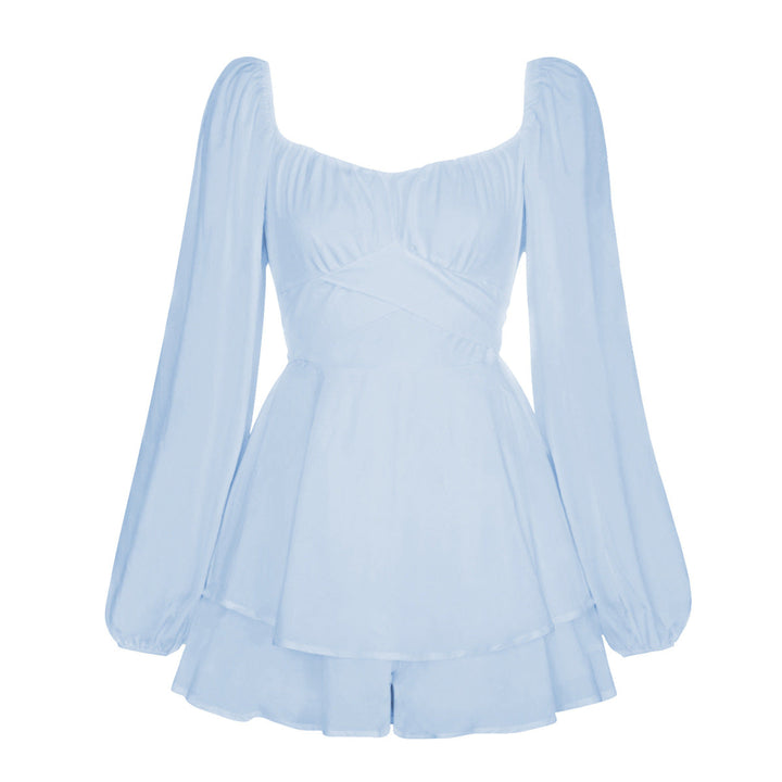 Balloon Sleeve Back Tie Tiered Romper