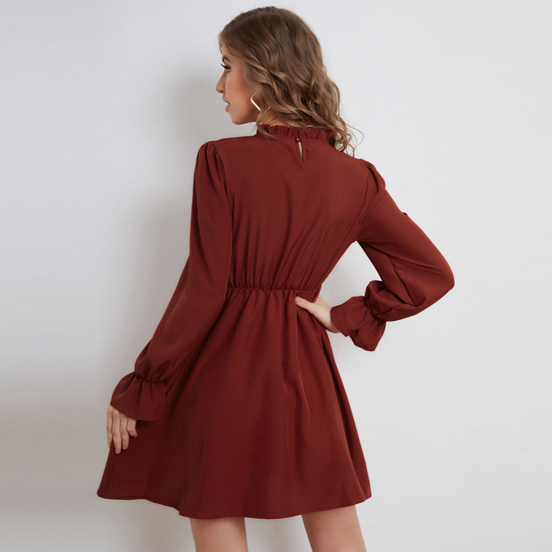 Pleated Long-Sleeved Ruffled Neck Mini Dresses