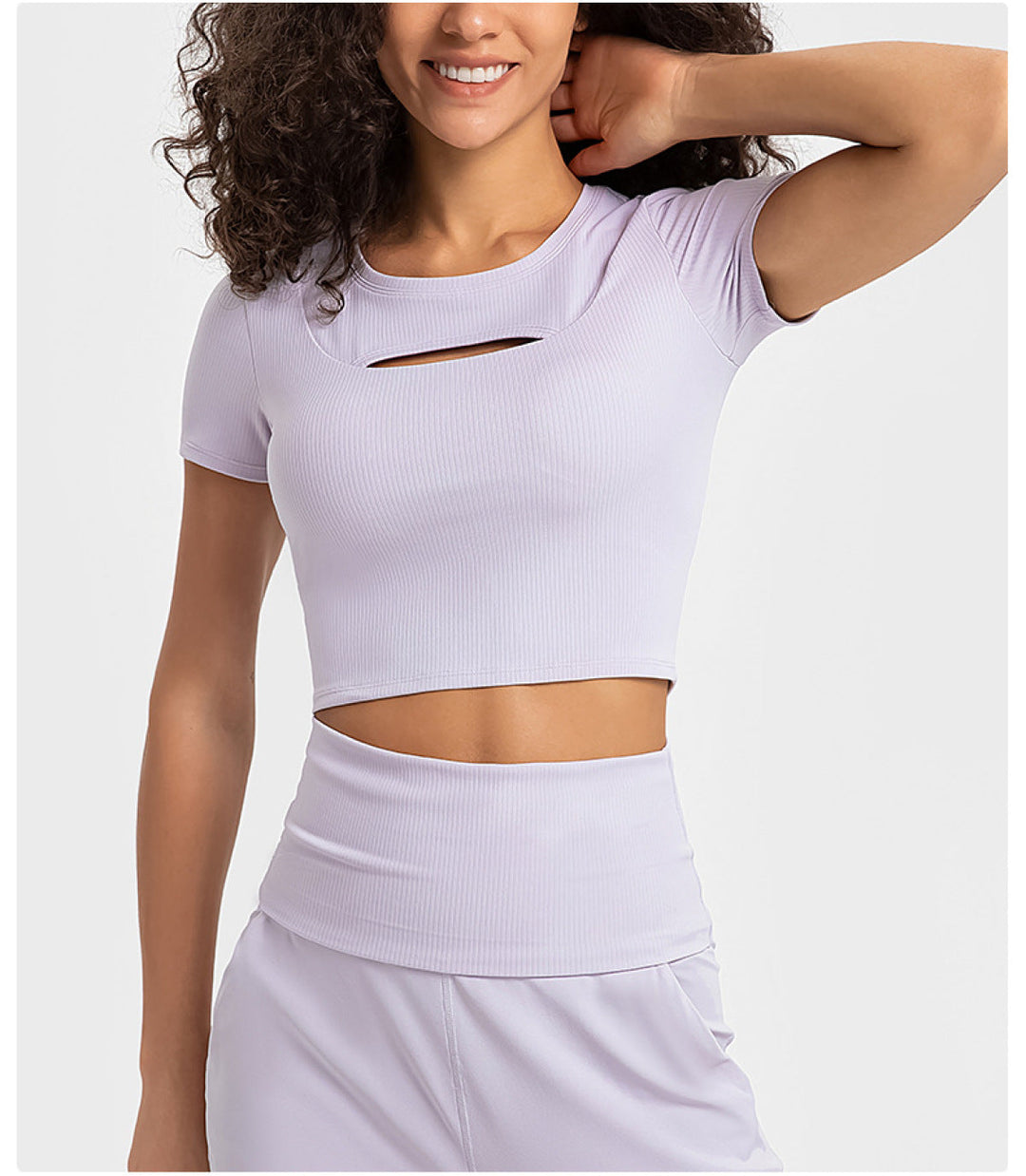 Solid Ribbed Round Neck Cut Out Crop Active Top