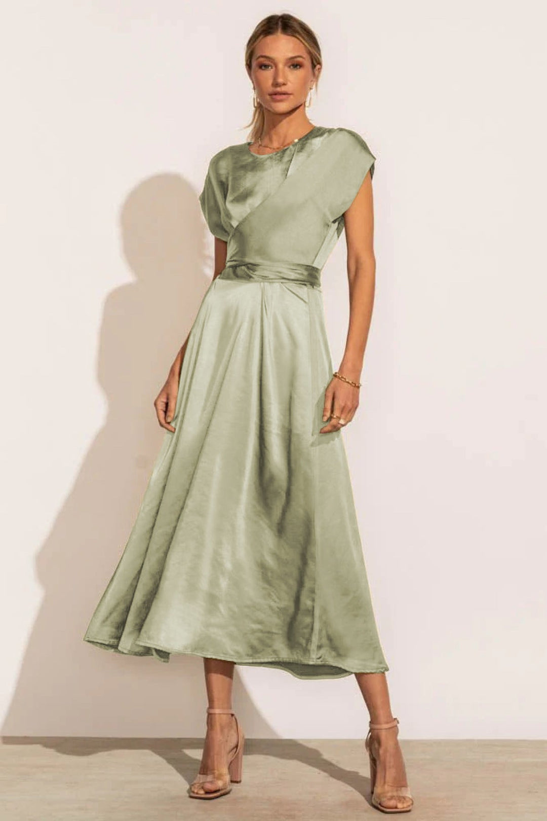 Solid Round Neck Tie Back Midi Dress