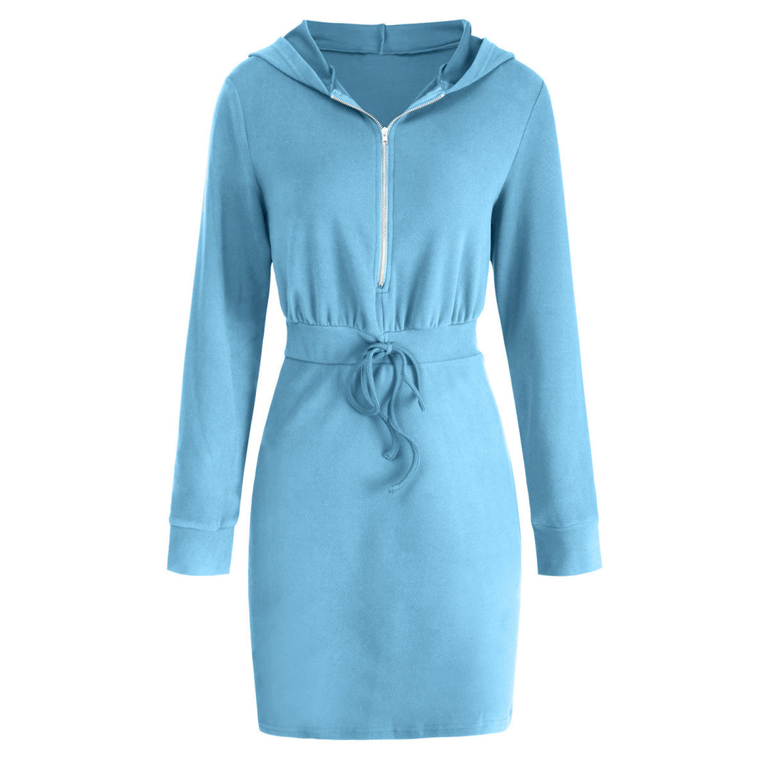 Solid Long Sleeve Zipper Up Hooded Mini Dress