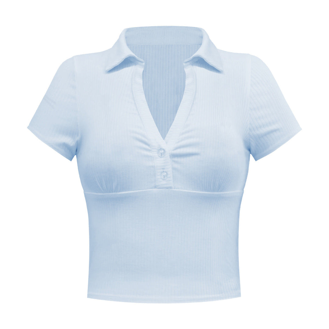 Solid Short Sleeve Buttoned V Neck Crop Top