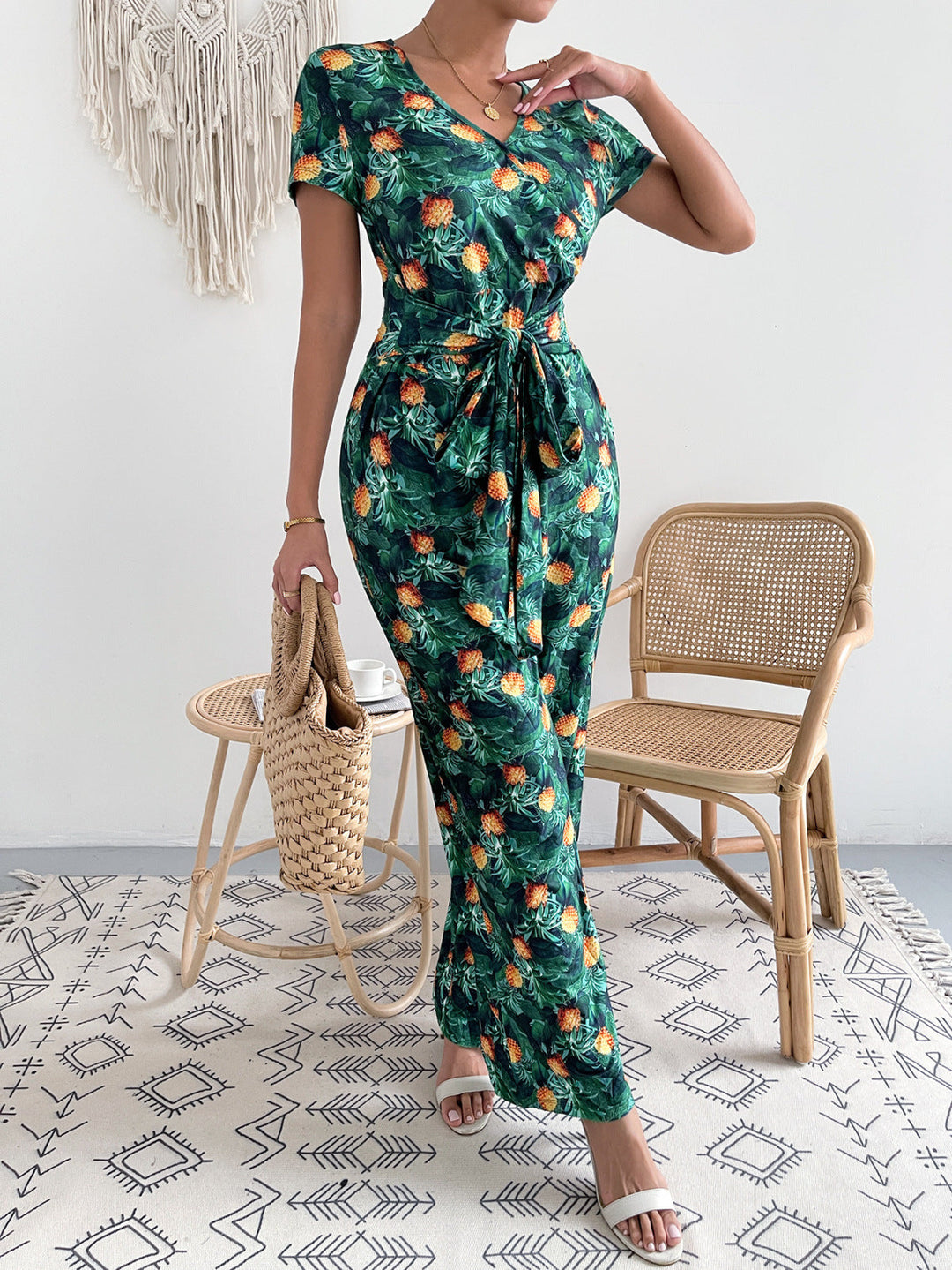 Plant Print Short Sleeve Tie Waist Jumpsuit