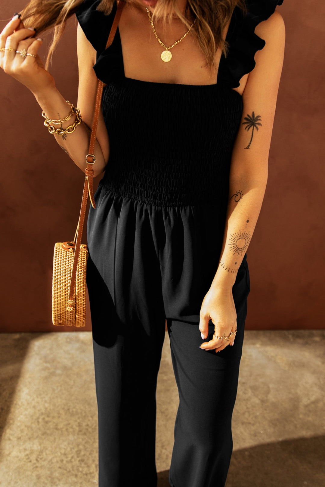 Flutter Sleeve Smocked Wide Leg Jumpsuit