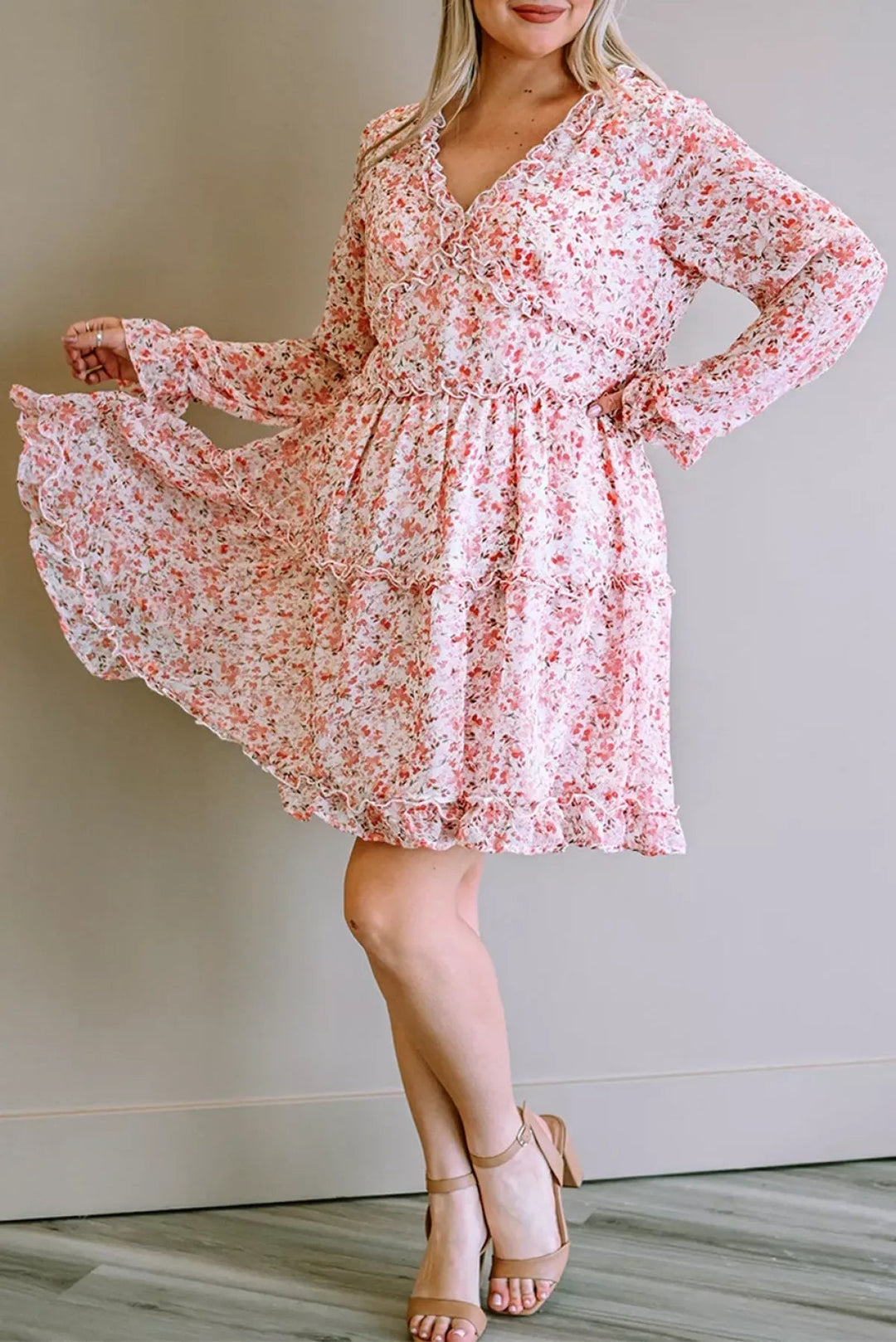 Pink Frilled Tiered Floral Plus Size Dress