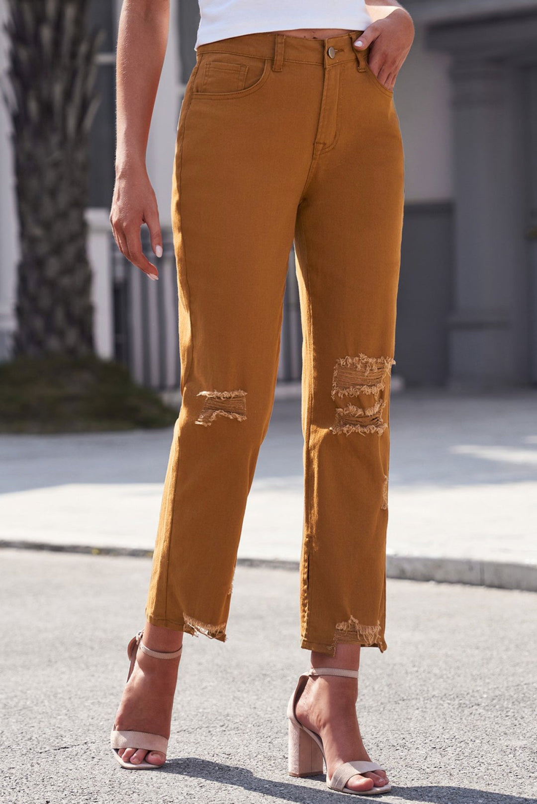 Distressed Raw Hem Straight Leg Jeans