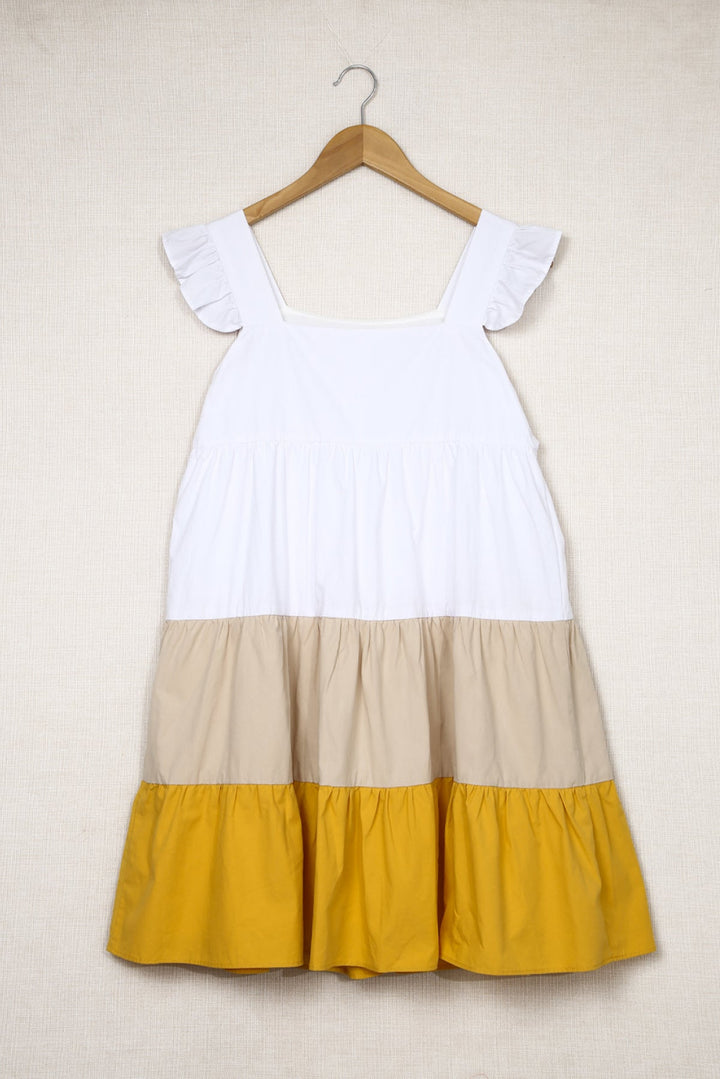 Square Neck Colorblock Flutter Sleeve Dress