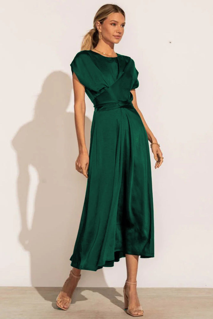 Solid Round Neck Tie Back Midi Dress