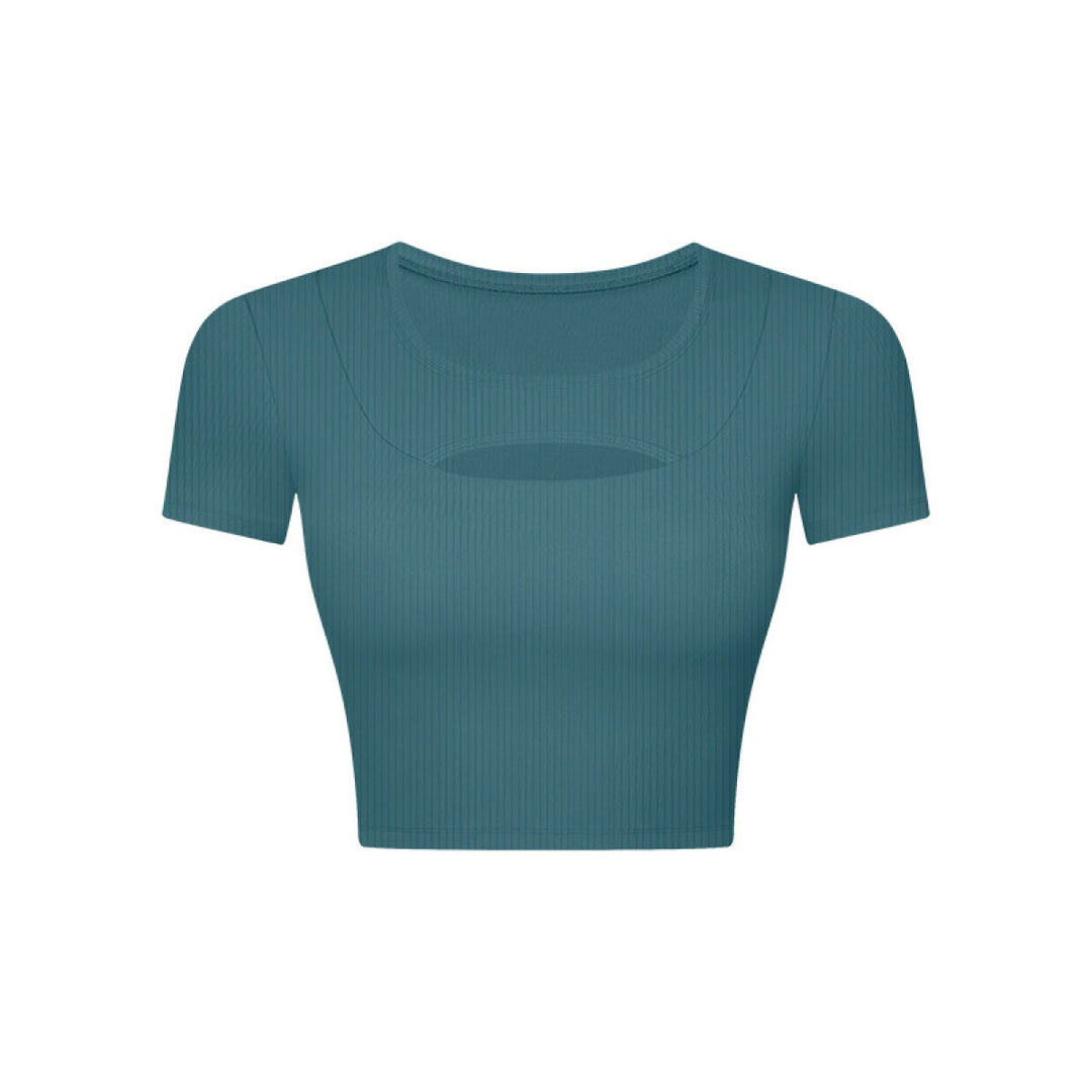 Solid Ribbed Round Neck Cut Out Crop Active Top