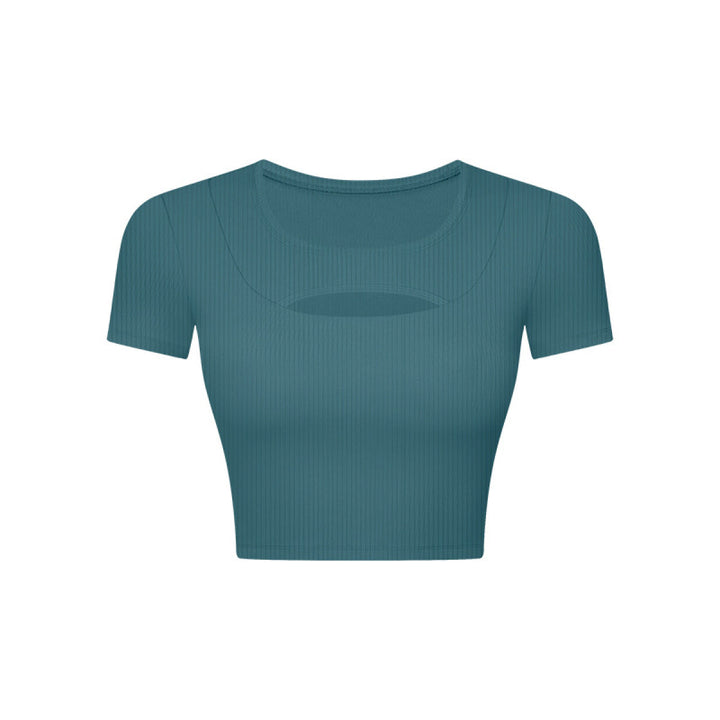 Solid Ribbed Round Neck Cut Out Crop Active Top