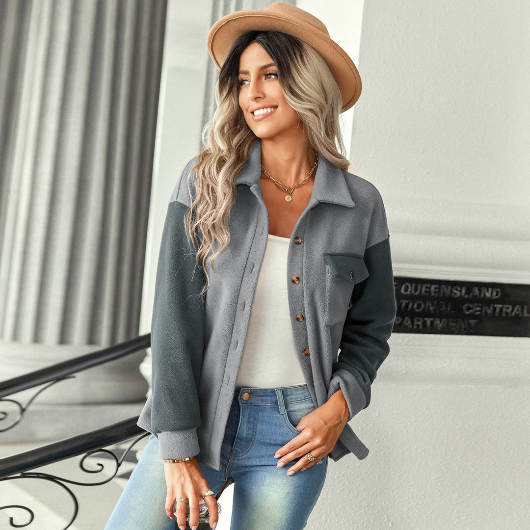 Shirt Collared Long Sleeve Single-Breasted Colorblock Jackets With Pockets