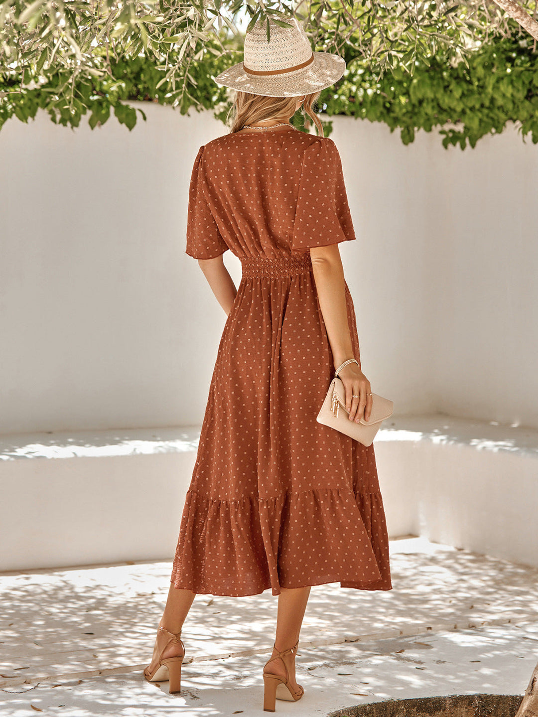 Solid V-neck Swiss Dots A-Line Midi Dress