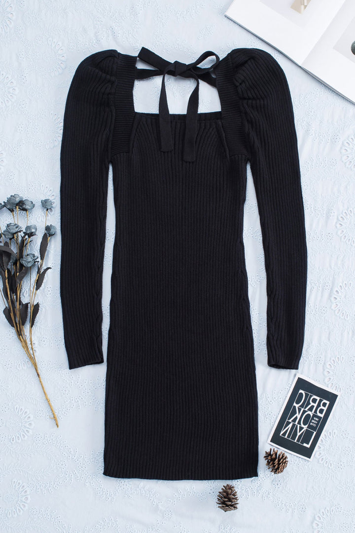 Square Neck Puffy Sleeve Sweater Dress
