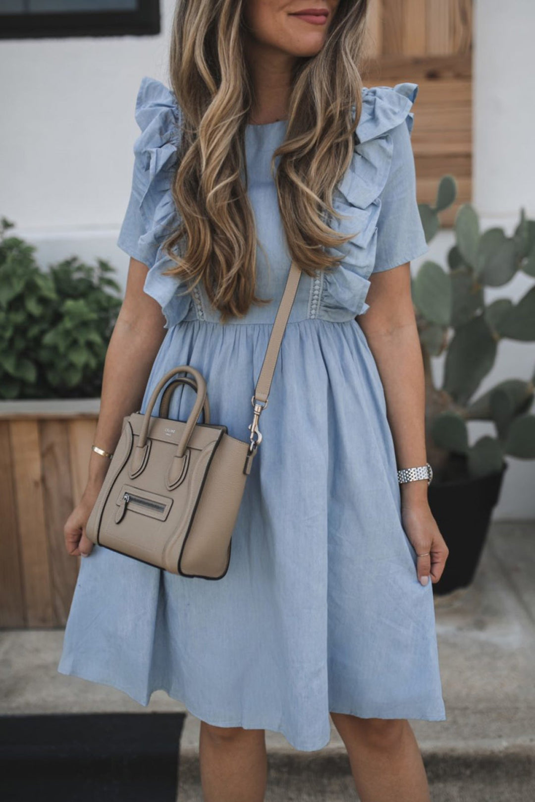 Ruffle Round Neck Chambray Midi Dress