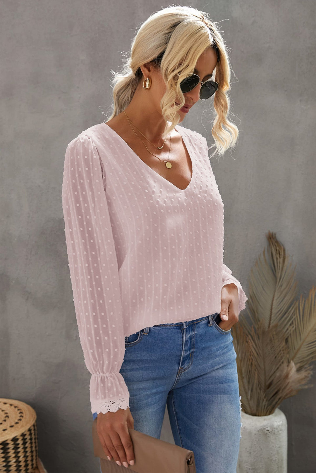V Neck Puff Sleeve Swiss Dot Blouse