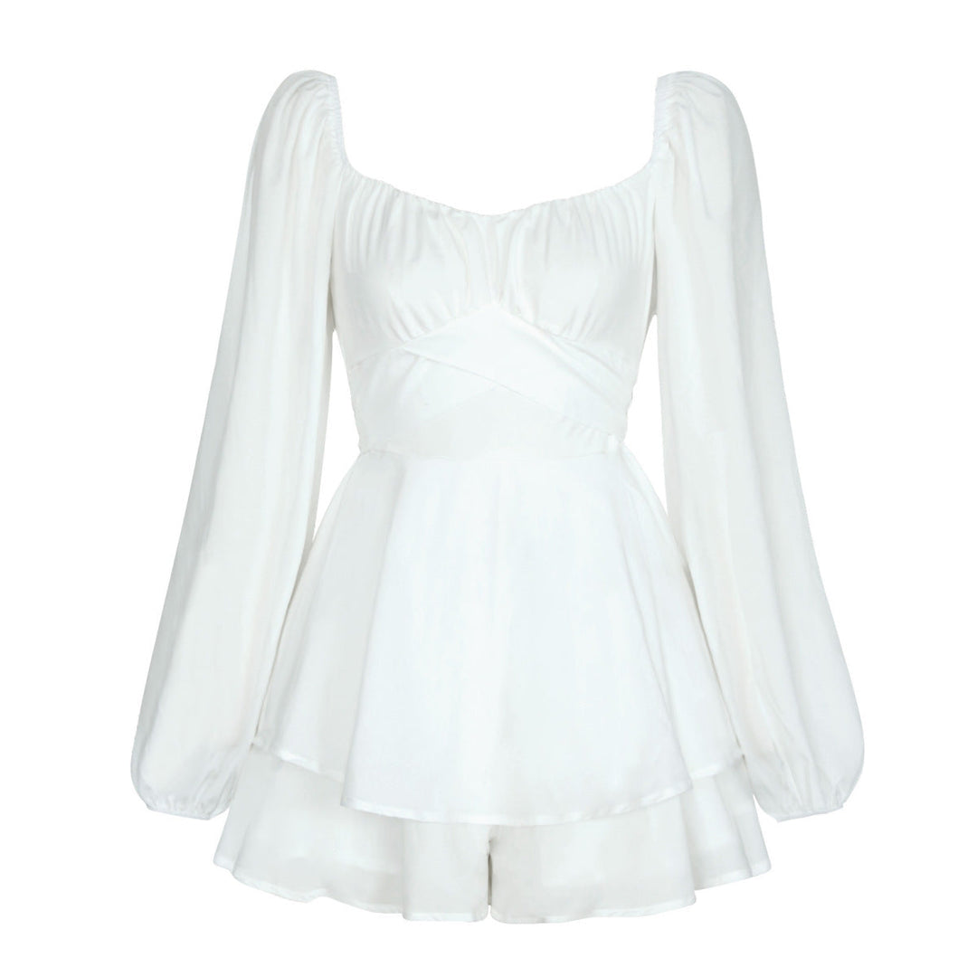 Balloon Sleeve Back Tie Tiered Romper