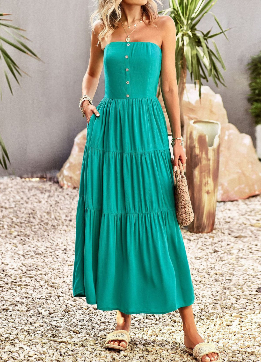 Strapless Buttoned Pleated Tiered Dress With Pocket