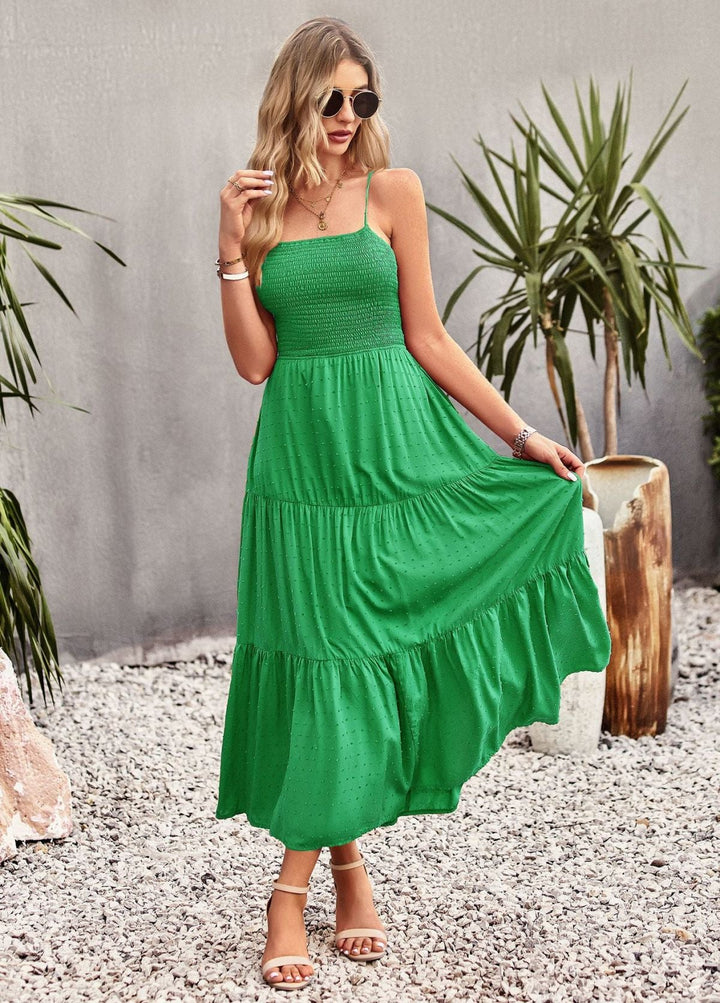 Smocked Swiss Dot Tie Back Camisole Maxi Dress