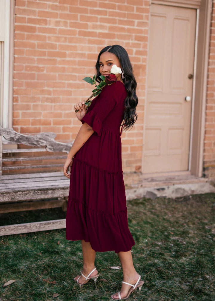 Round Neck Solid Color Smocked A-line Tiered-layered Dress