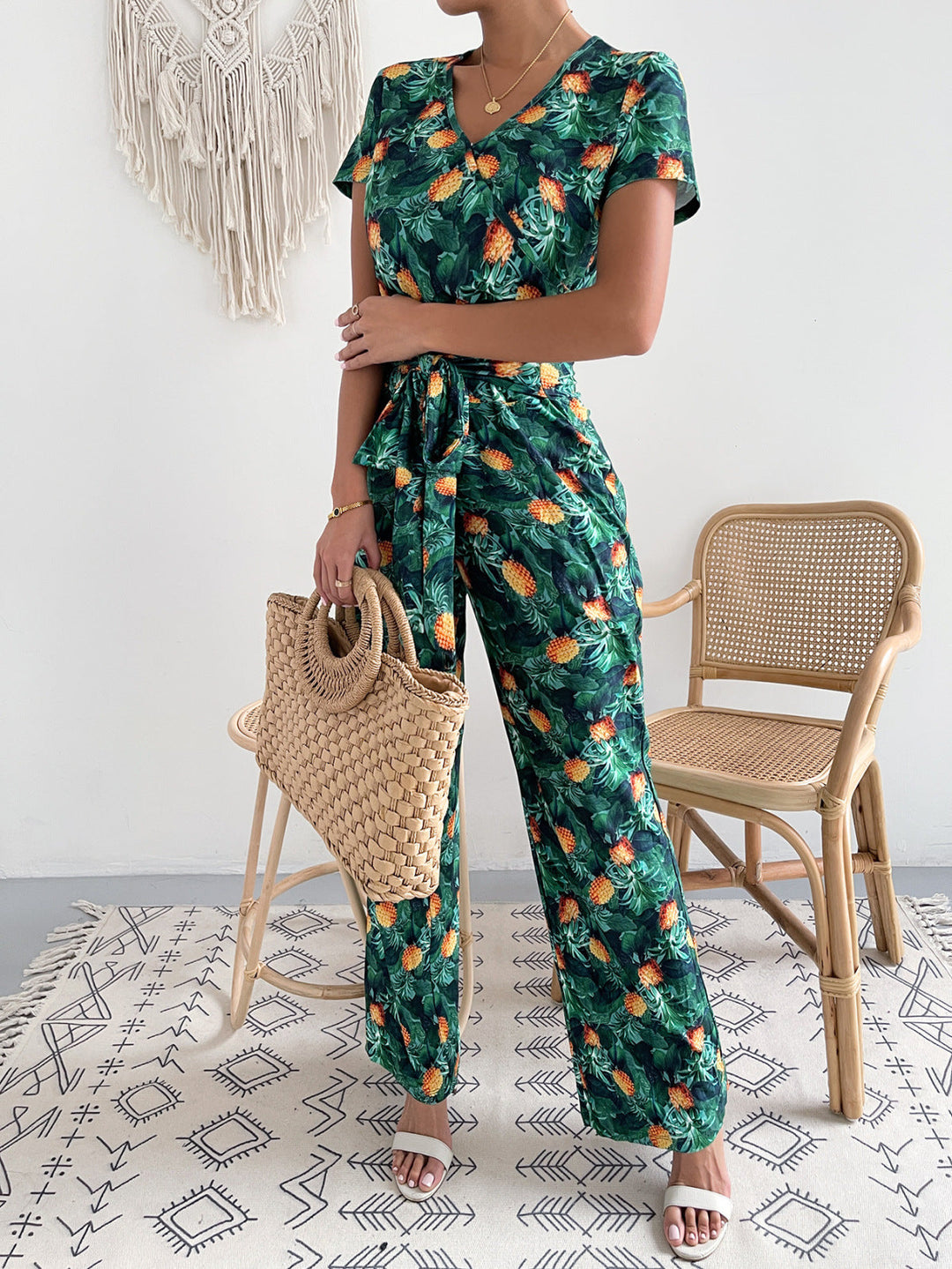 Plant Print Short Sleeve Tie Waist Jumpsuit
