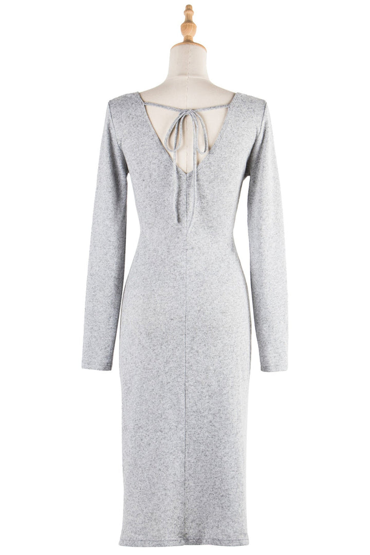 Gray Deep V Waist Cut Out Drawstring Slit Tie Back Mini Dress