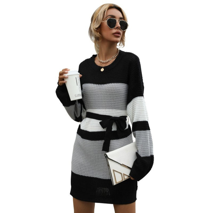 Round Neck Balloon Sleeve Tie Waist Colorblock Mini Sweater Dress