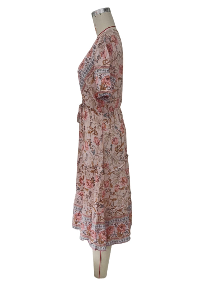 Retro Pink V-Neck Floral Tiered Dress