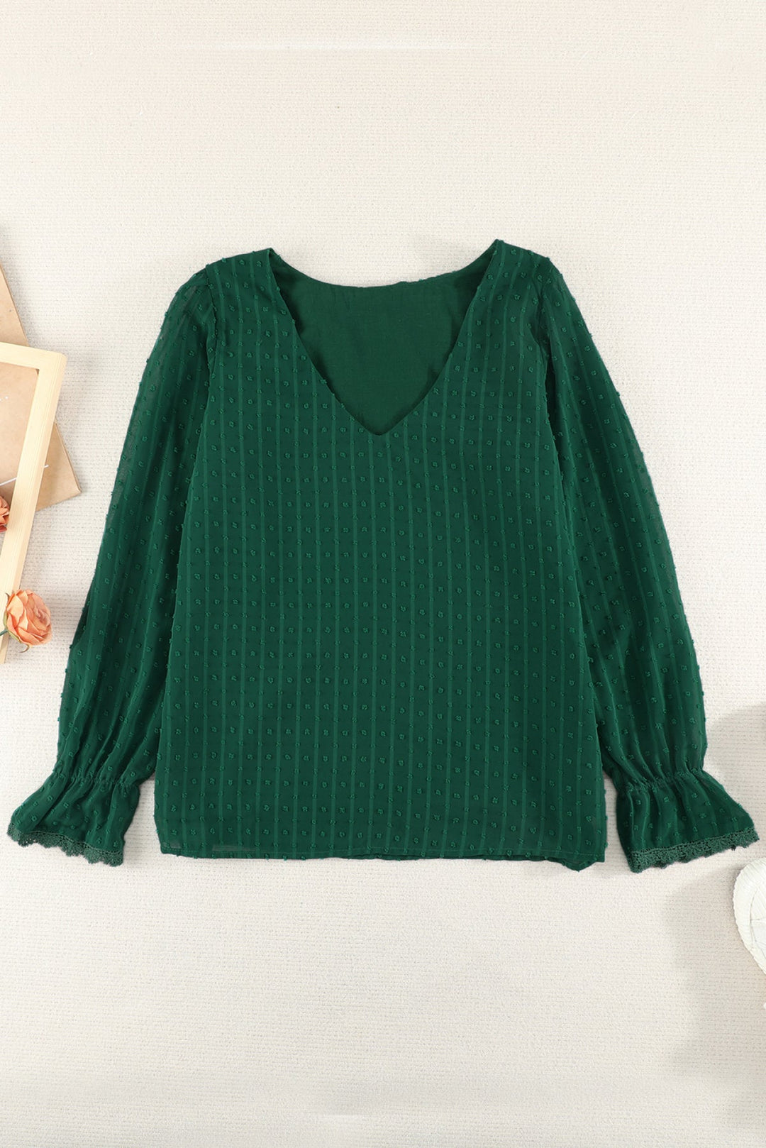 V Neck Puff Sleeve Swiss Dot Blouse