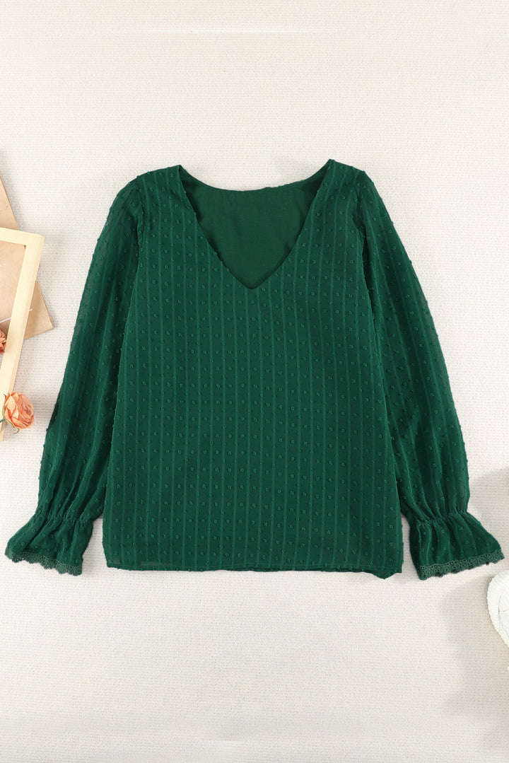 V Neck Puff Sleeve Swiss Dot Blouse