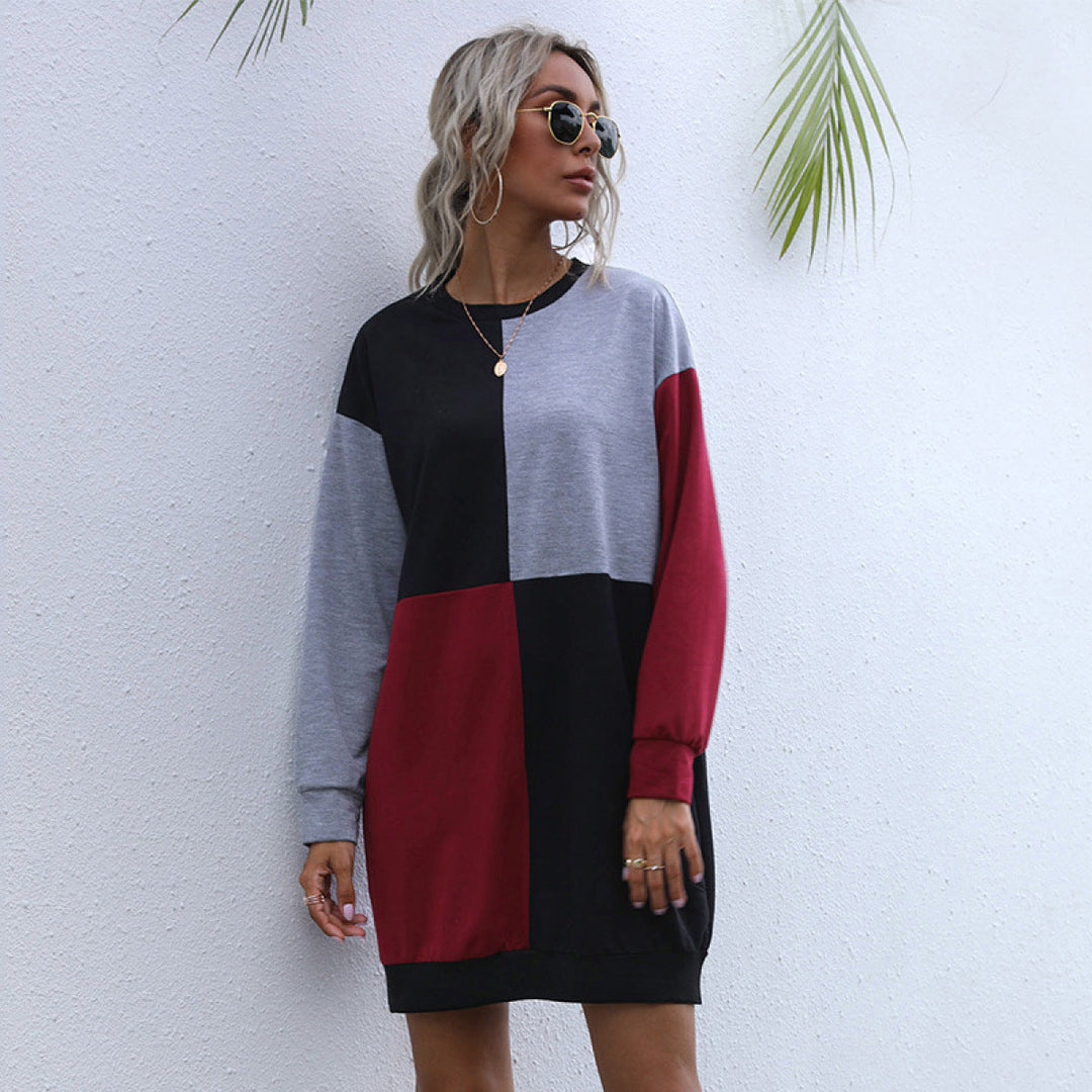 Round Neck Long Sleeve Colorblock Mini Dress