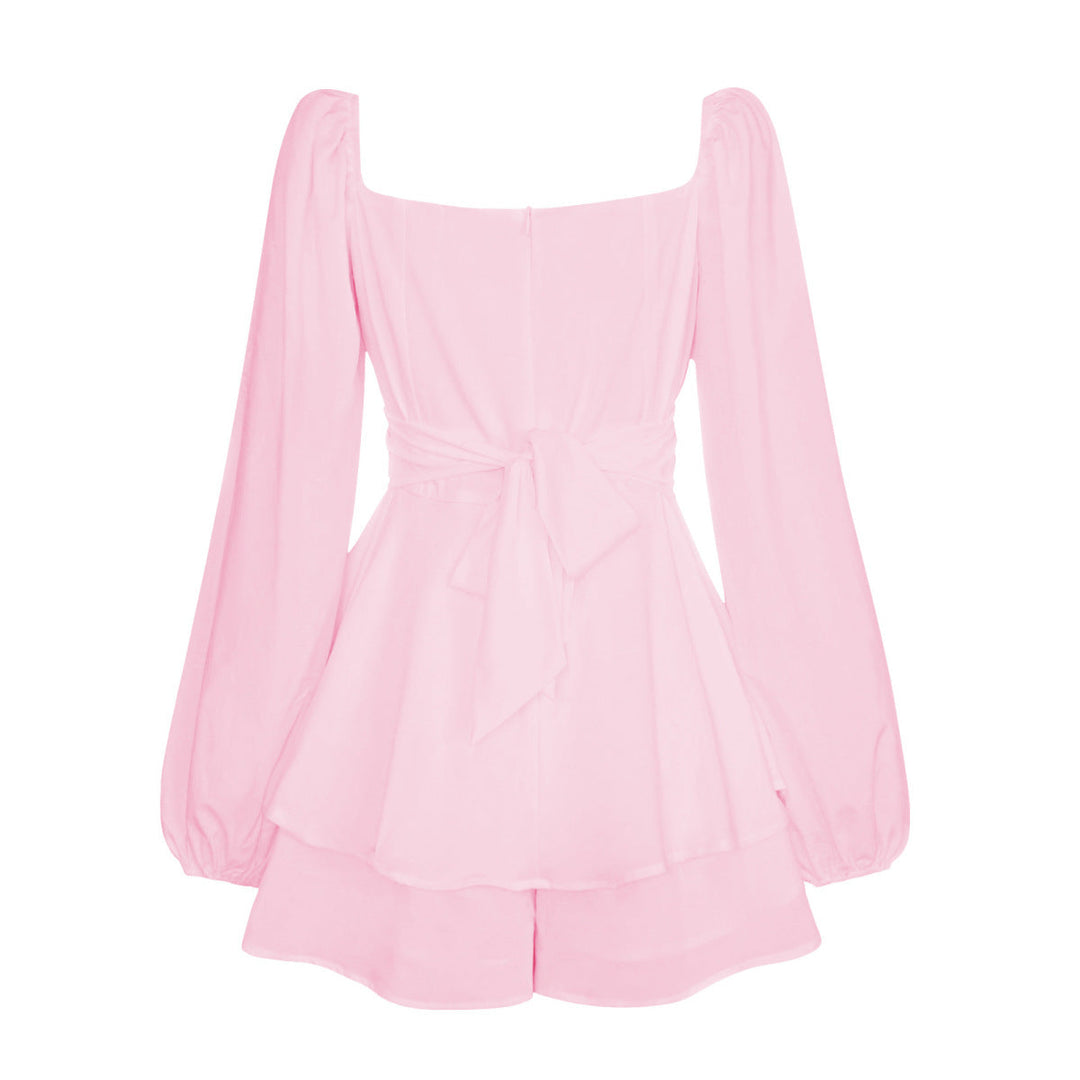 Balloon Sleeve Back Tie Tiered Romper