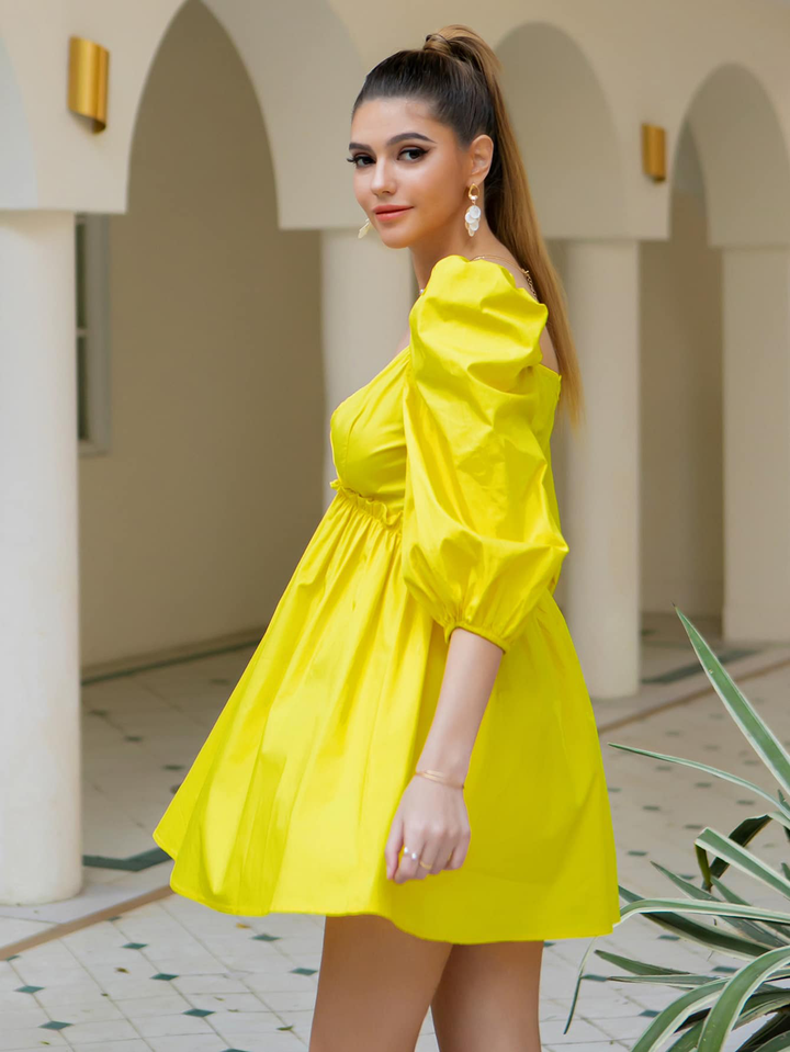 Neon Yellow Balloon Sleeve Frill Trim Skater Dress