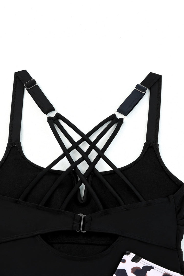 High Waist Notch Neckline Strappy Tankini Contrast Swimsuit