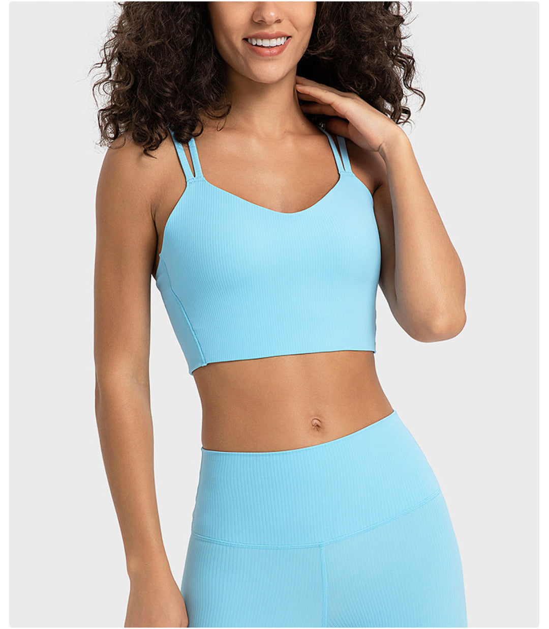 Solid Ribbed Double Shoulder Straps Crisscross Sports Bras