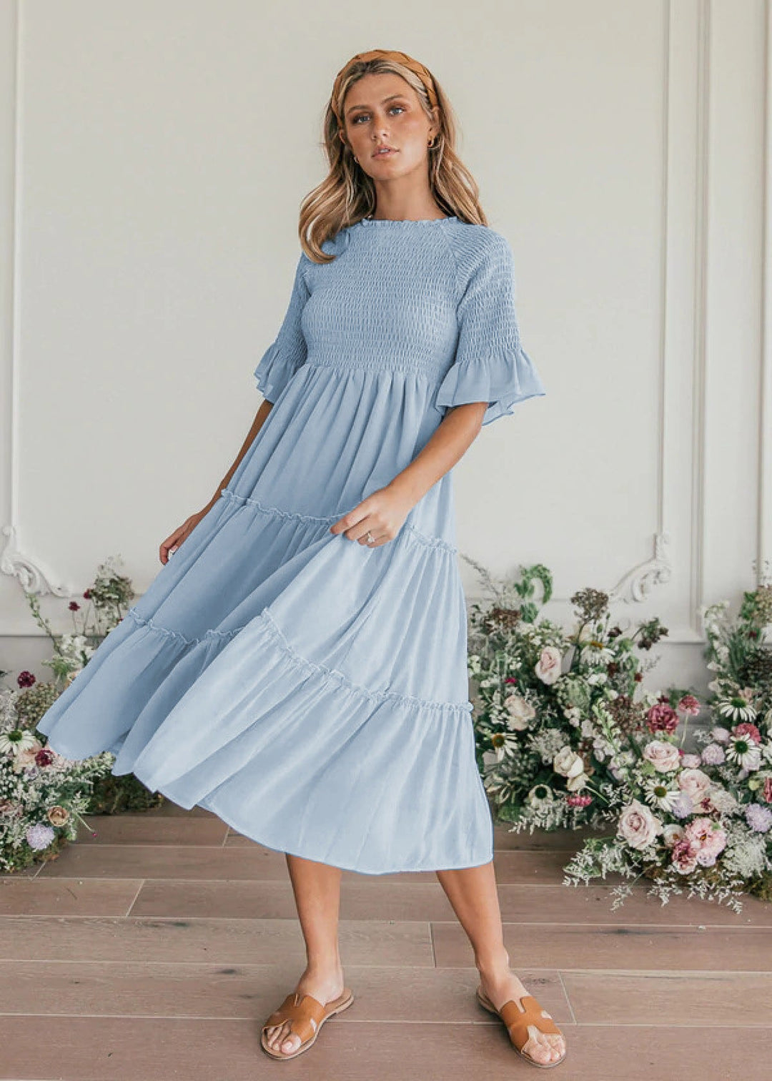Round Neck Solid Color Smocked A-line Tiered-layered Dress
