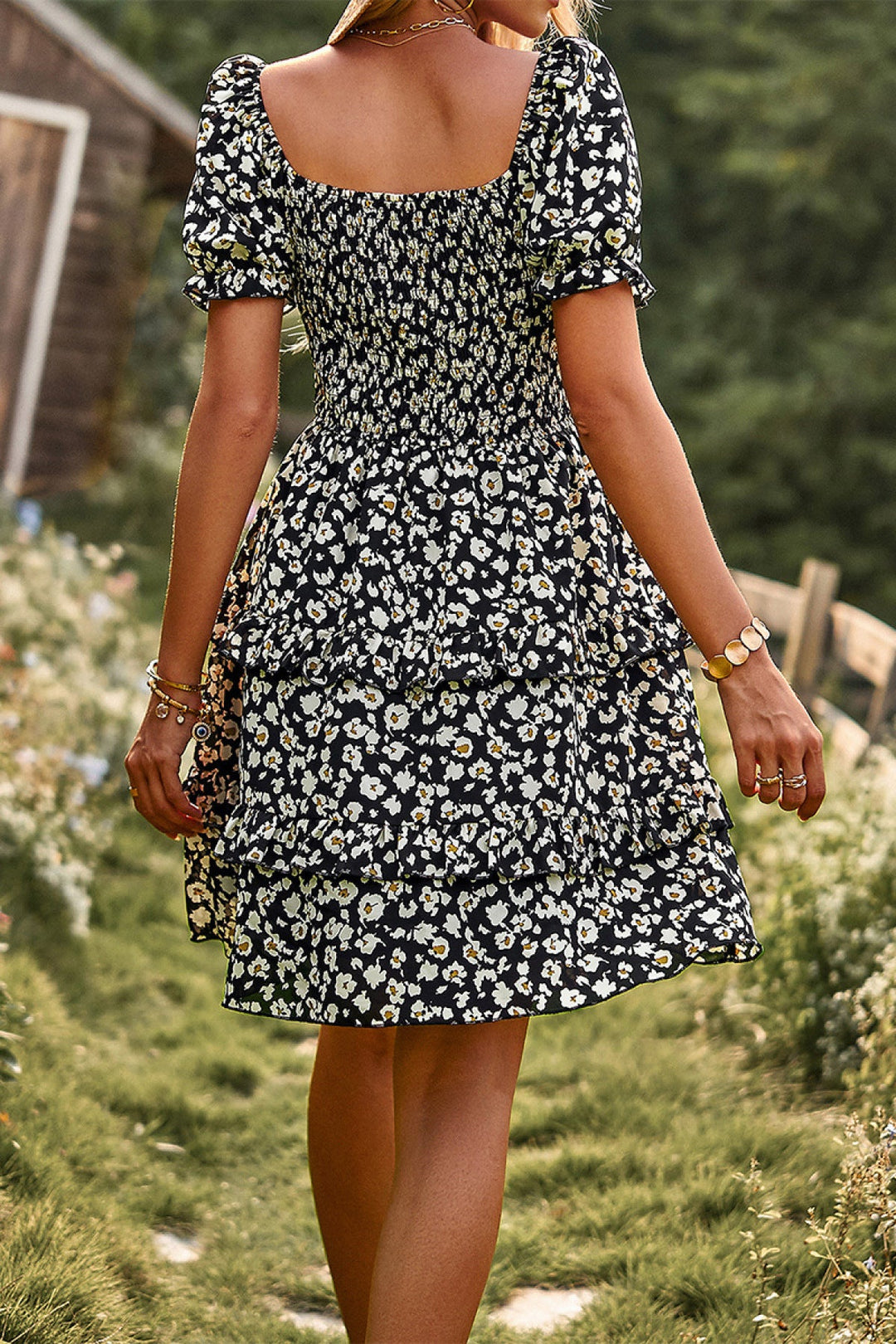 Floral Off-the-shoulder Puff Sleeve Tiered Dress