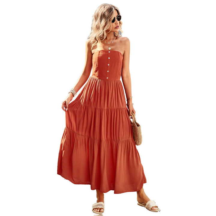 Strapless Buttoned Pleated Tiered Dress With Pocket