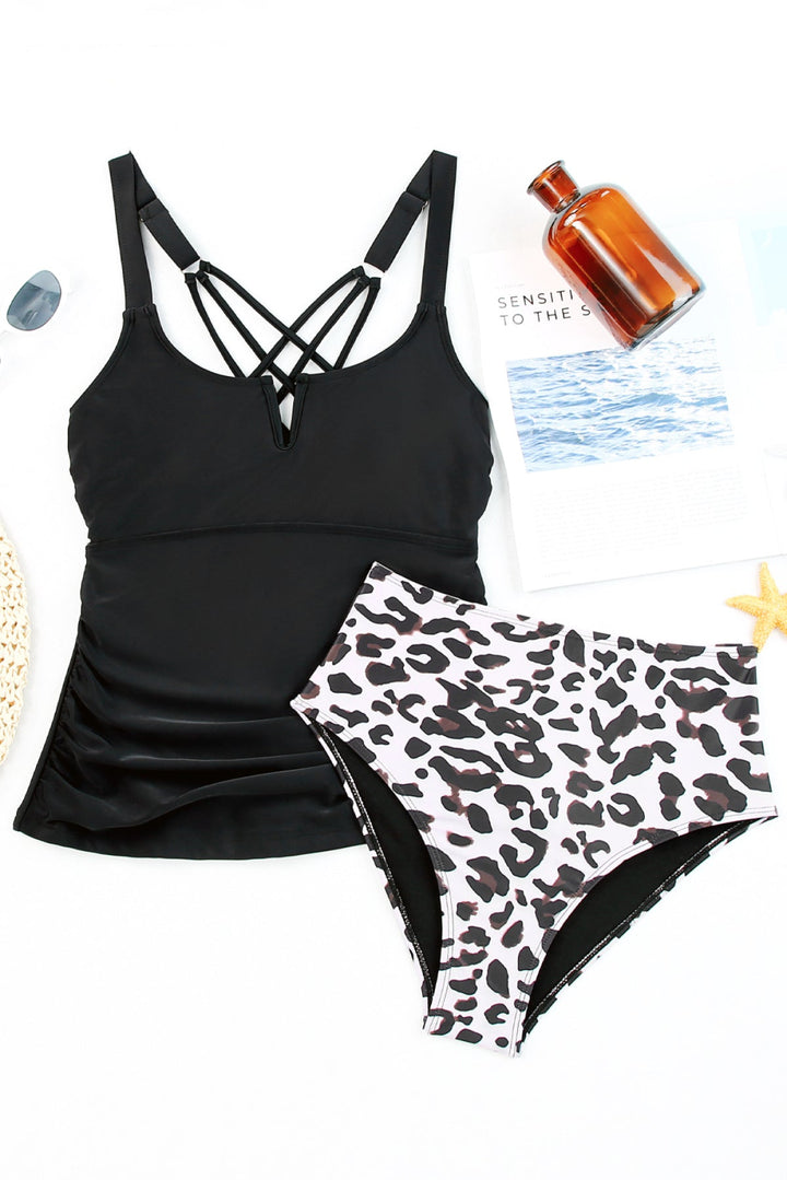 High Waist Notch Neckline Strappy Tankini Contrast Swimsuit