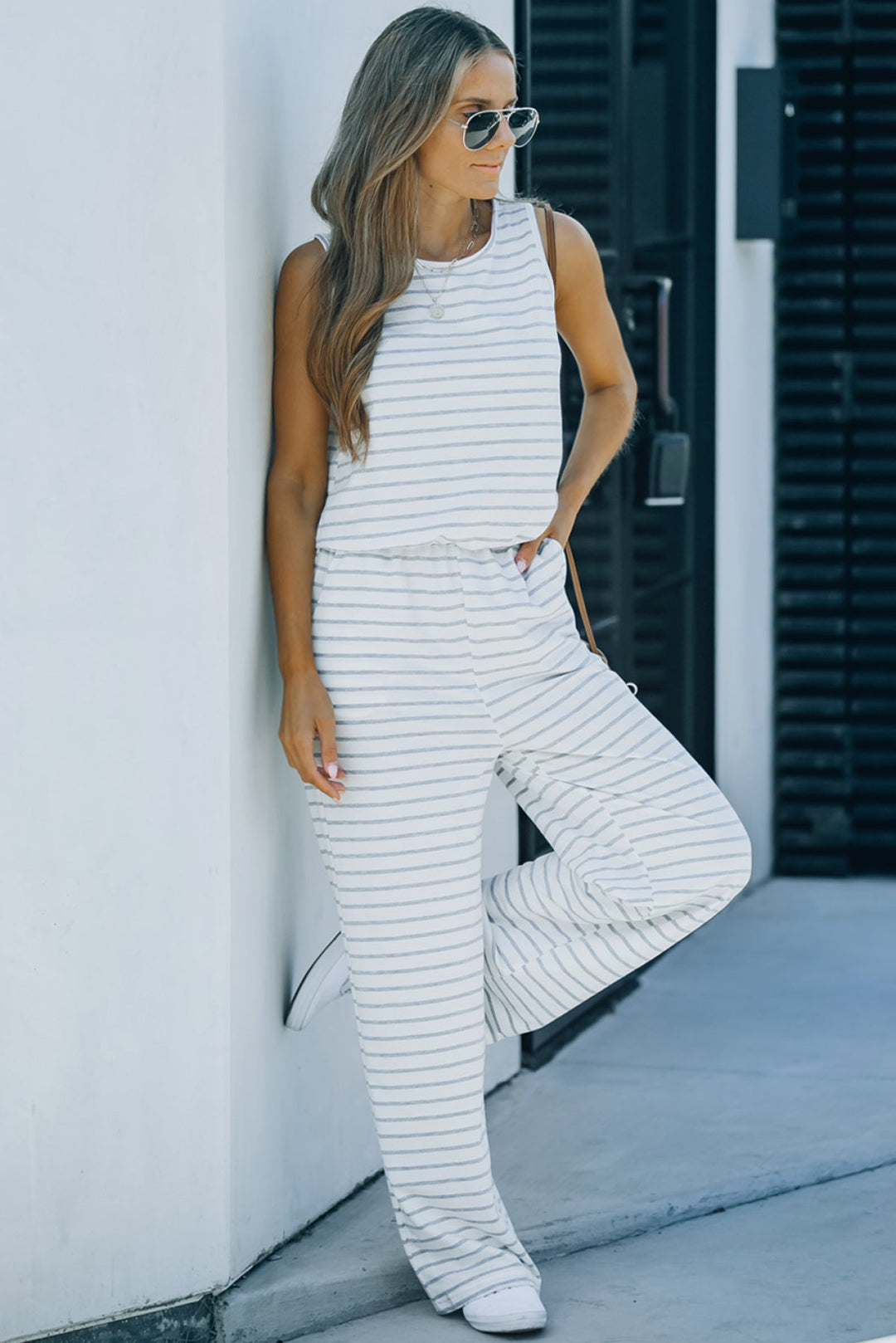 White Striped Sleeveless Jumpsuit