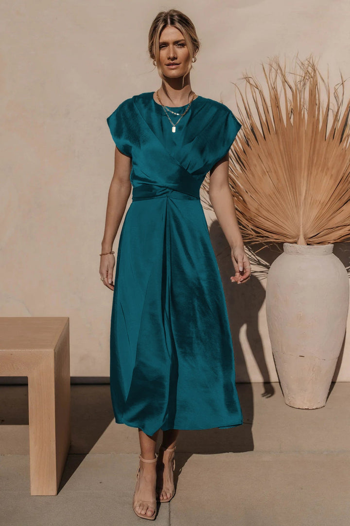 Solid Round Neck Tie Back Midi Dress